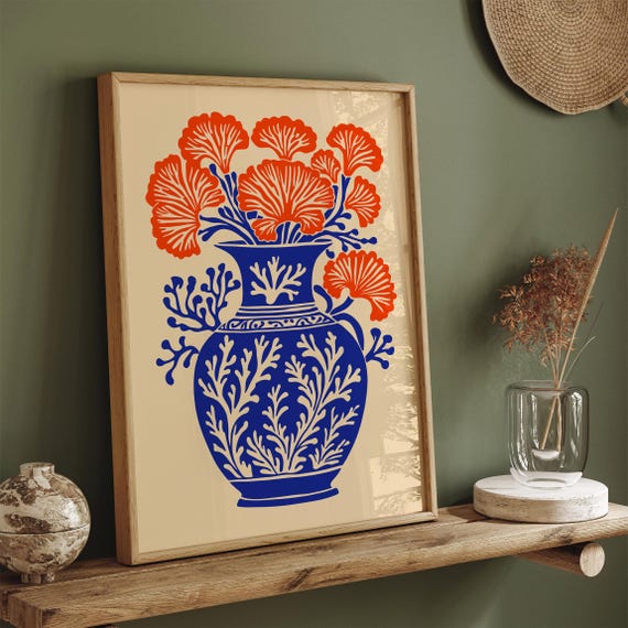 Bold Coral Reef In Vase Poster Blue Floral Wall Art Print Tropical Coastal Decor Botanical Illustration For Home Decor Bohemian Style