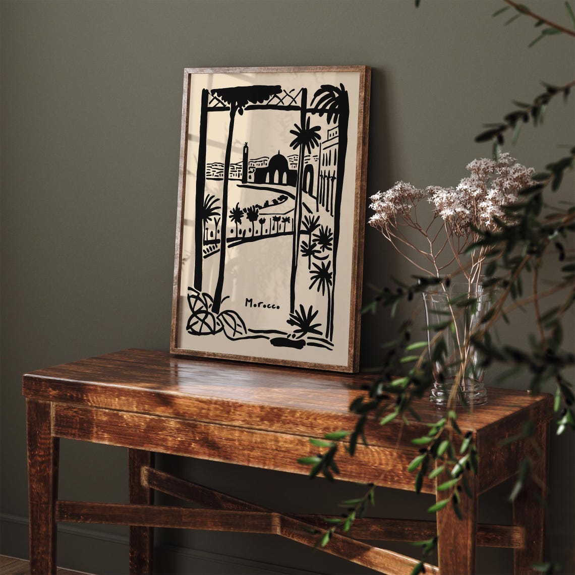 Morocco Terrace View Black Ink Sketch Palm Tree Travel Poster - Image 3