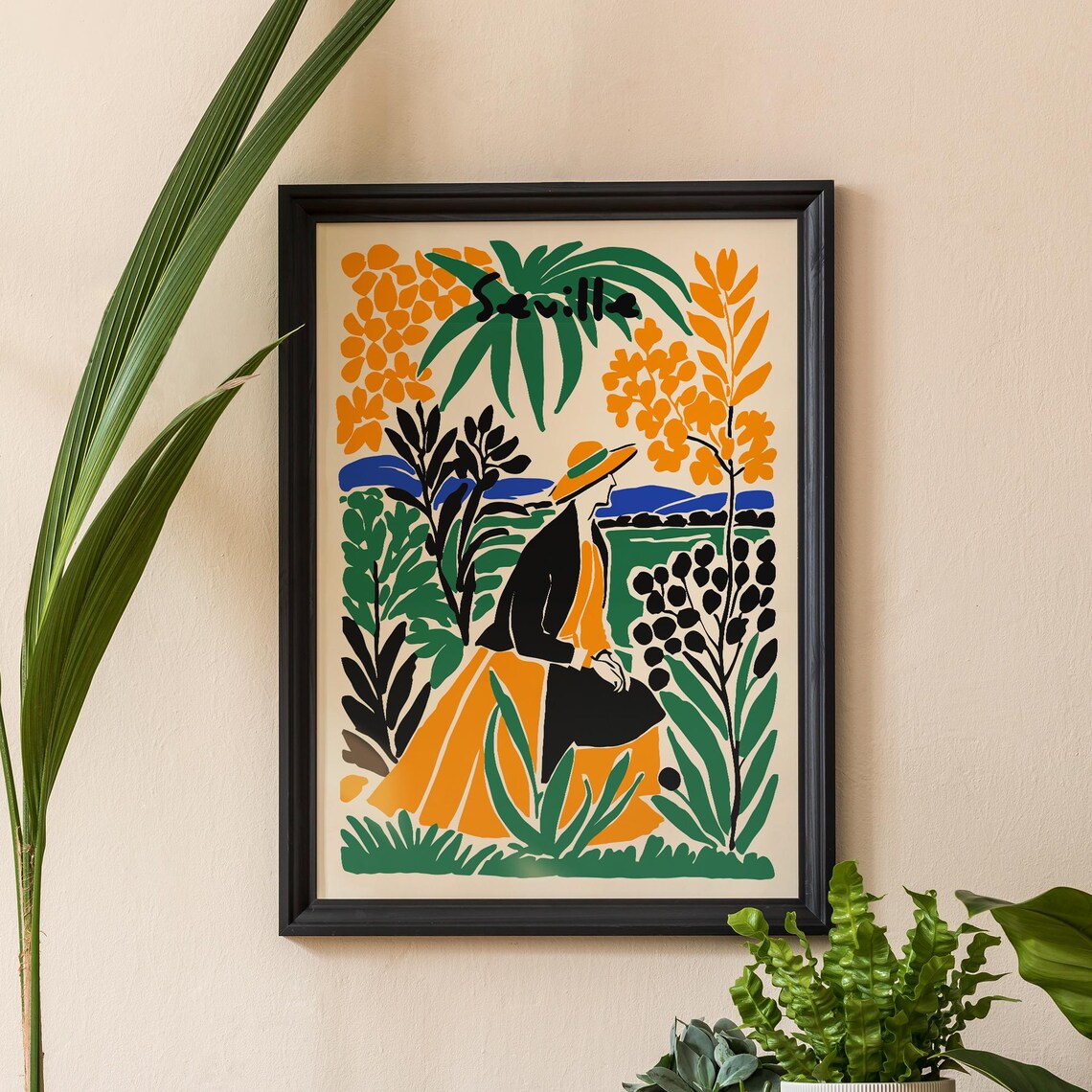 Seville Retro Travel Poster With Woman in a Sunlit Garden Scene