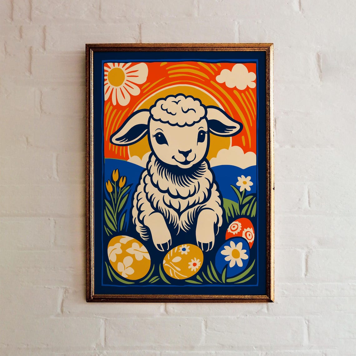 Charming Retro Easter Lamb Poster With Painted Eggs And Bright Sun