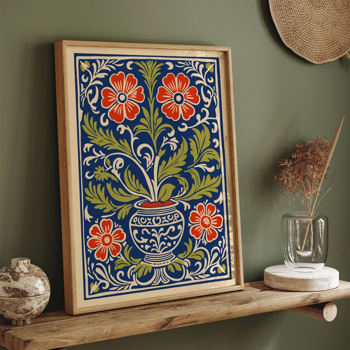 Indigo Blue Rococo Floral Urn Red Blooms Morris Style Poster