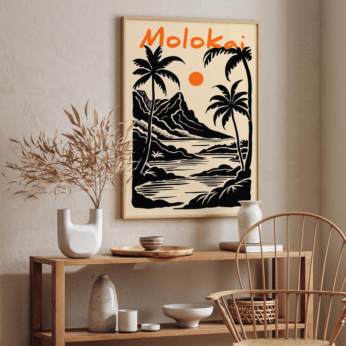 Molokai Hawaii Retro Travel Poster Palm Trees Mountain Sun Art Poster - Image 2