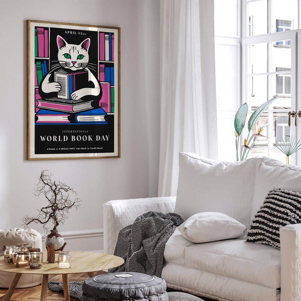 International World Book Day White Cat Reading Quote Art Poster - Image 6