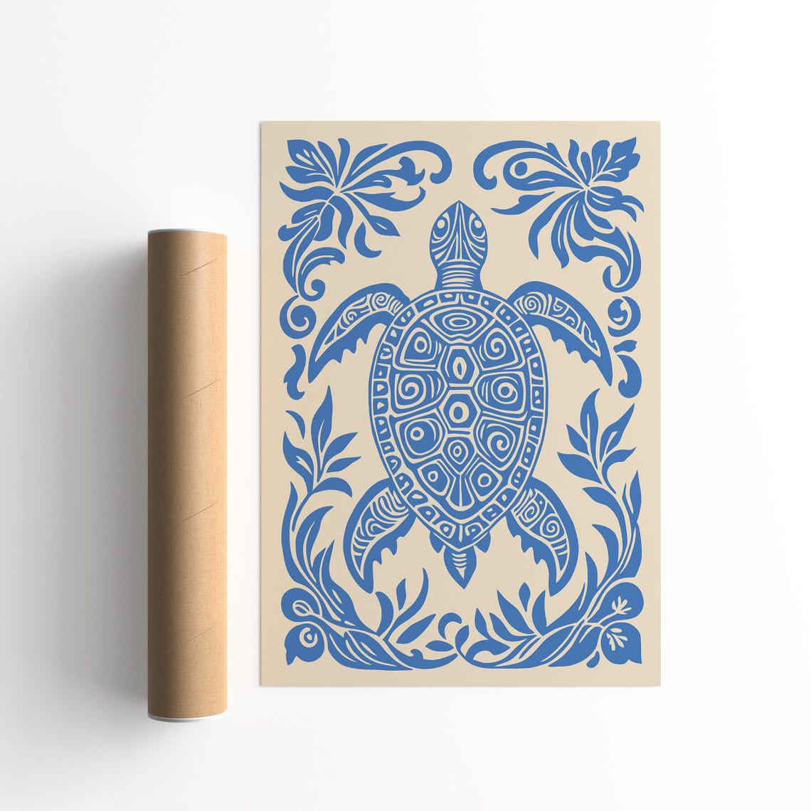 Blue Patterned Sea Turtle Folk Art Ocean Animal Wall Decor Poster