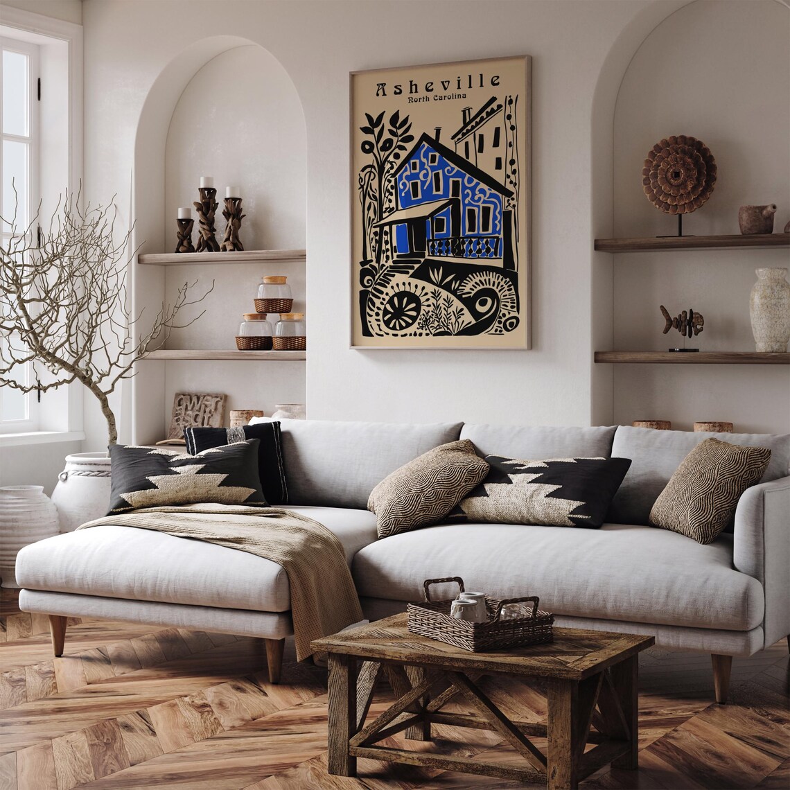 Asheville North Carolina Blue House Boho Folk Art Travel Poster - Image 6