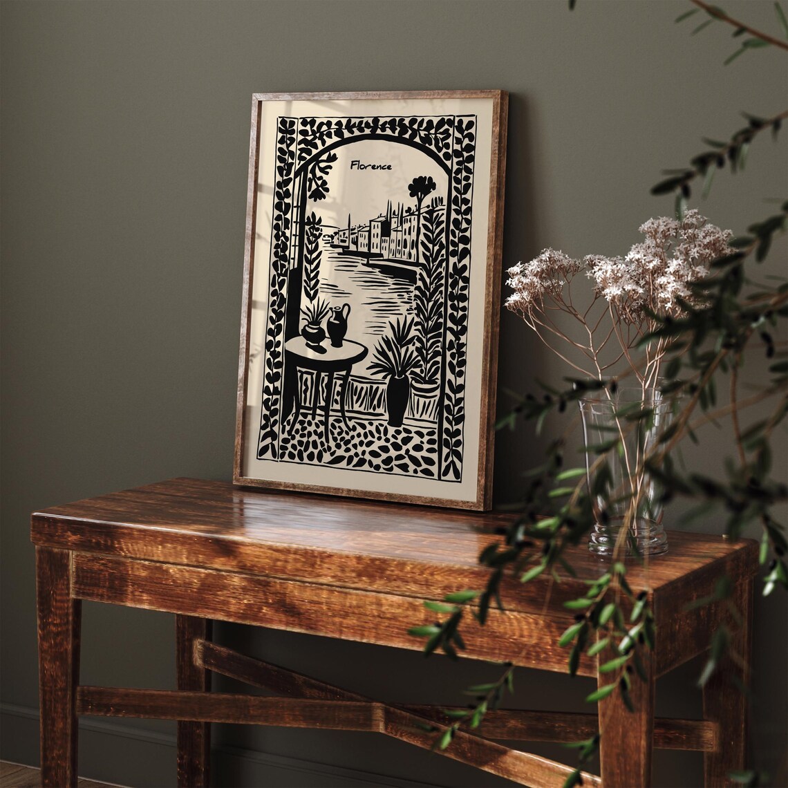 Florence Arno River Terrace Black Ink Italy Travel Art Poster - Image 2