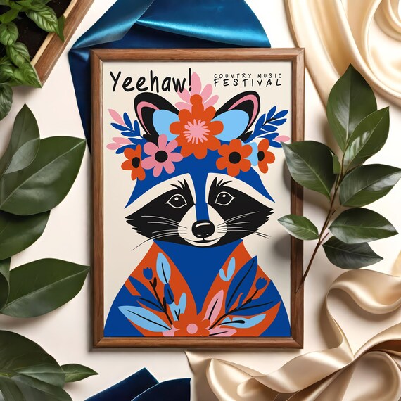 Yeehaw Country Music Festival Funny Raccoon Floral Folk Poster