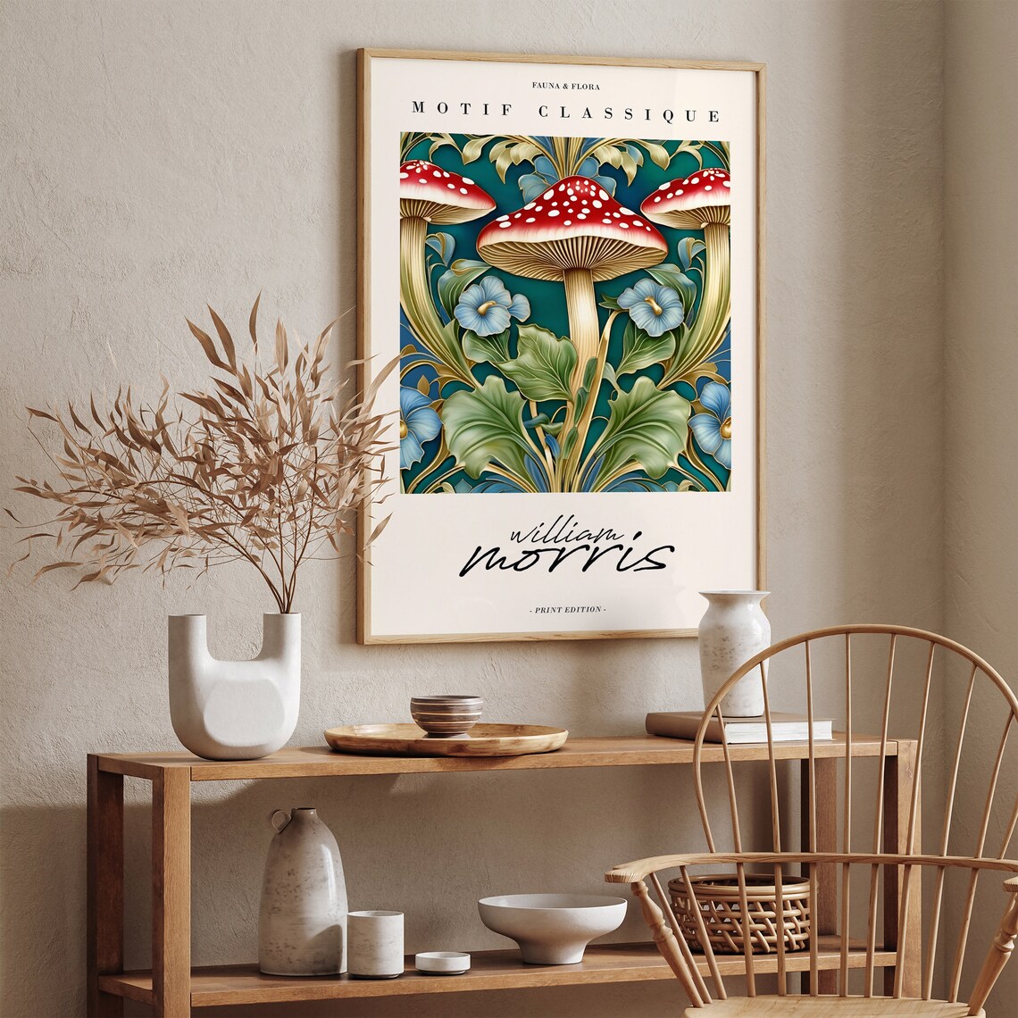 William Morris Motif Classique Red Mushroom And Blue Floral Poster - Image 2