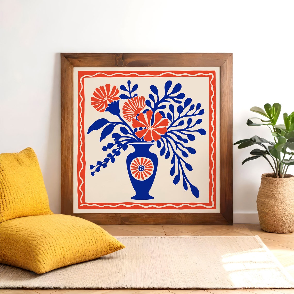 Blue Vase Red Flowers Retro Botanical Square Framed Wall Art - Image 2