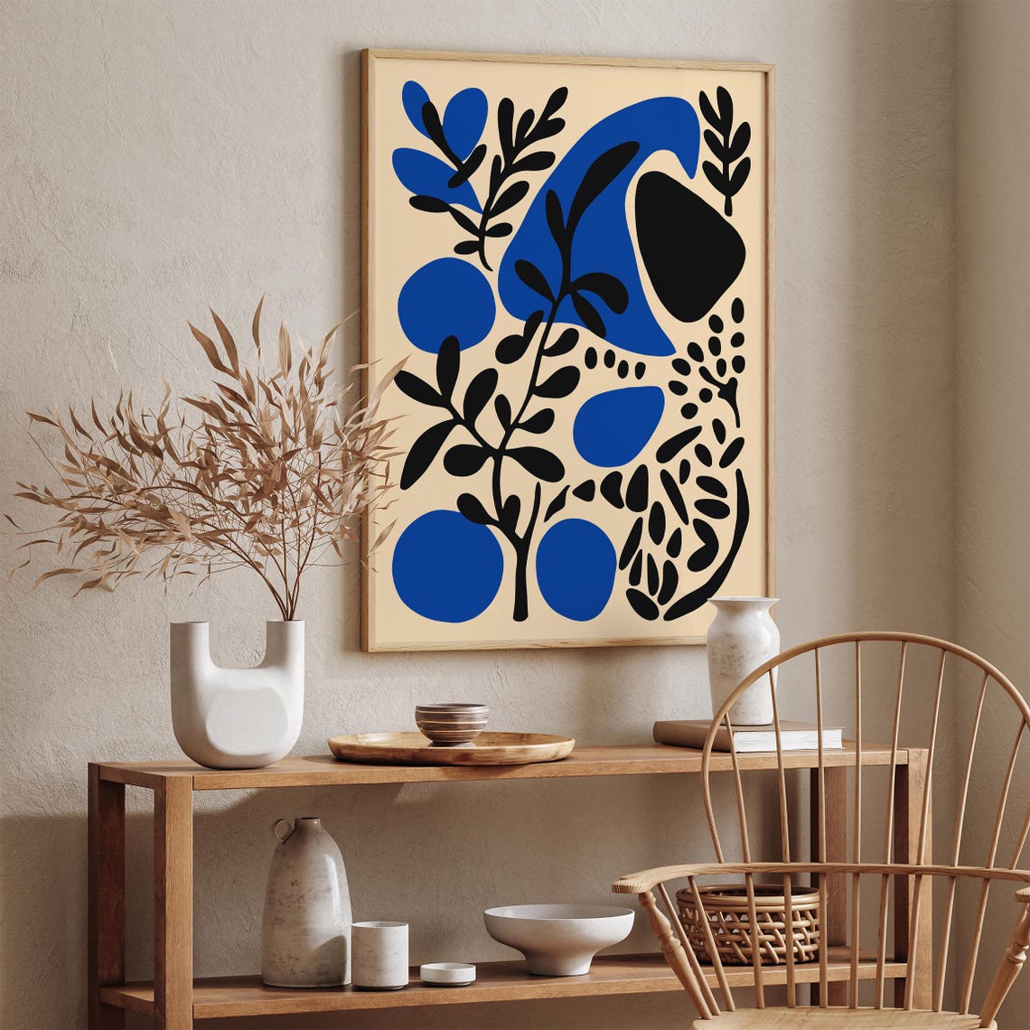 Blue Black Abstract Floral Shapes Modern Boho Botanical Print - Image 5