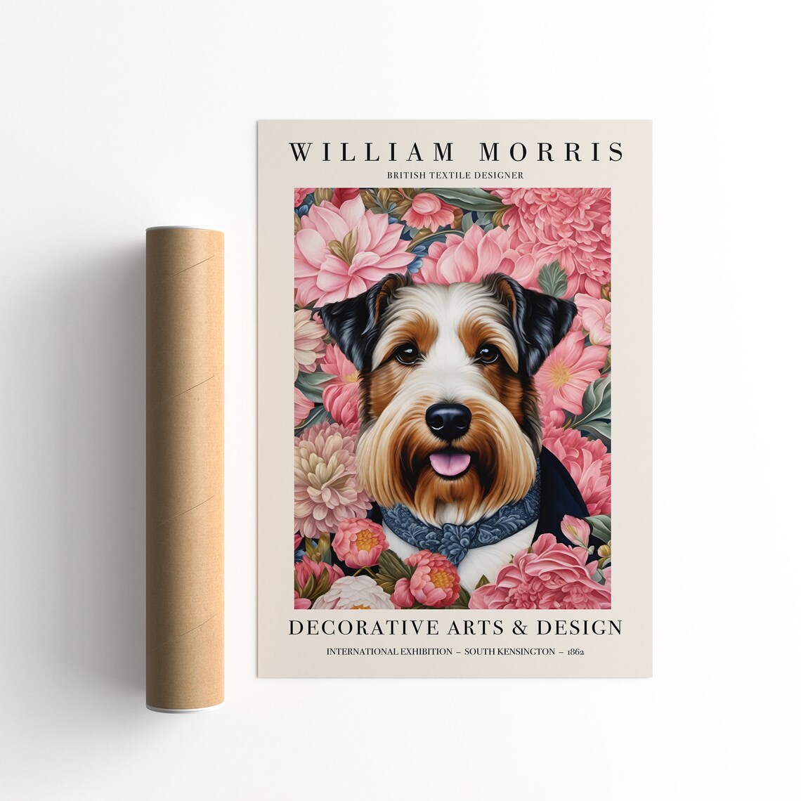 William Morris Happy Scruffy Dog Pink Peony Floral Art Poster - Image 4