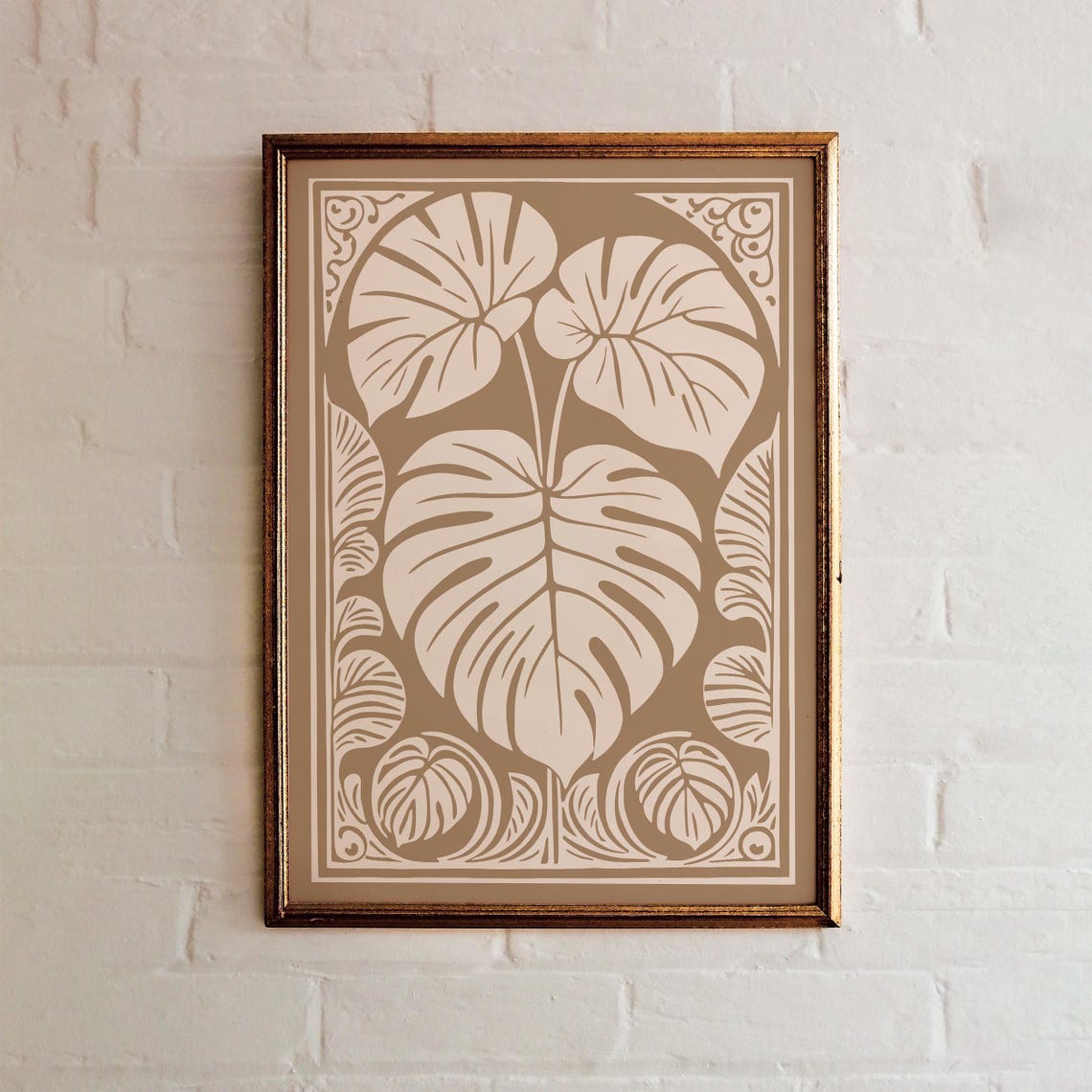Beige Monstera Leaf Botanical Illustration Poster In Warm Tones