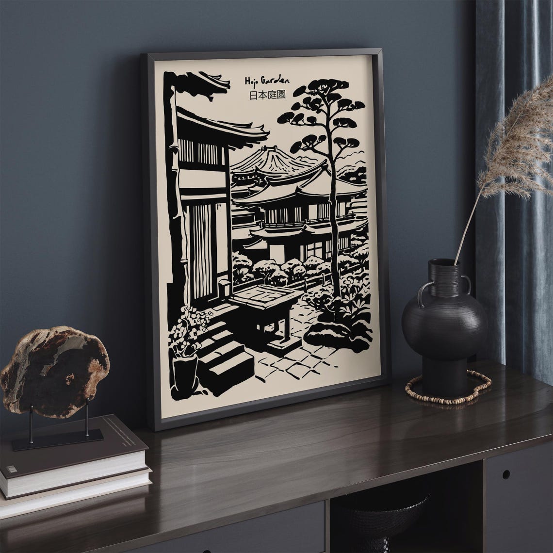 Serene Hojo Garden Black Ink Japanese Temple Courtyard Poster - Image 2