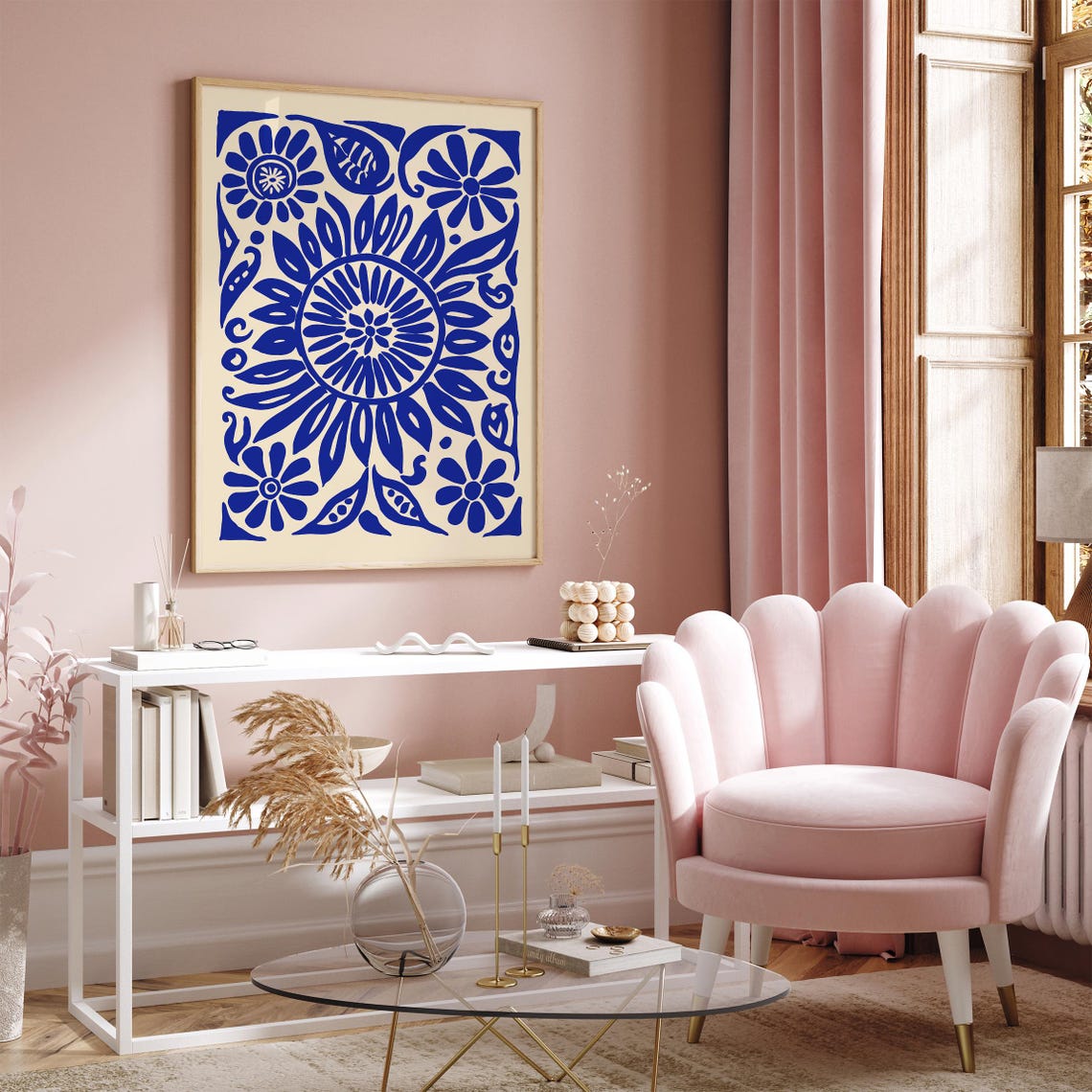 Indigo Blue Floral Symmetrical Botanical Mandala Ornament Poster - Image 2