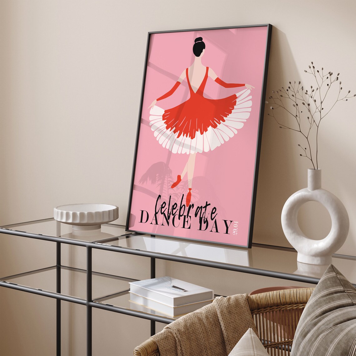 Celebrate Dance Day Red Tutu Ballerina Illustration Pink Poster - Image 2