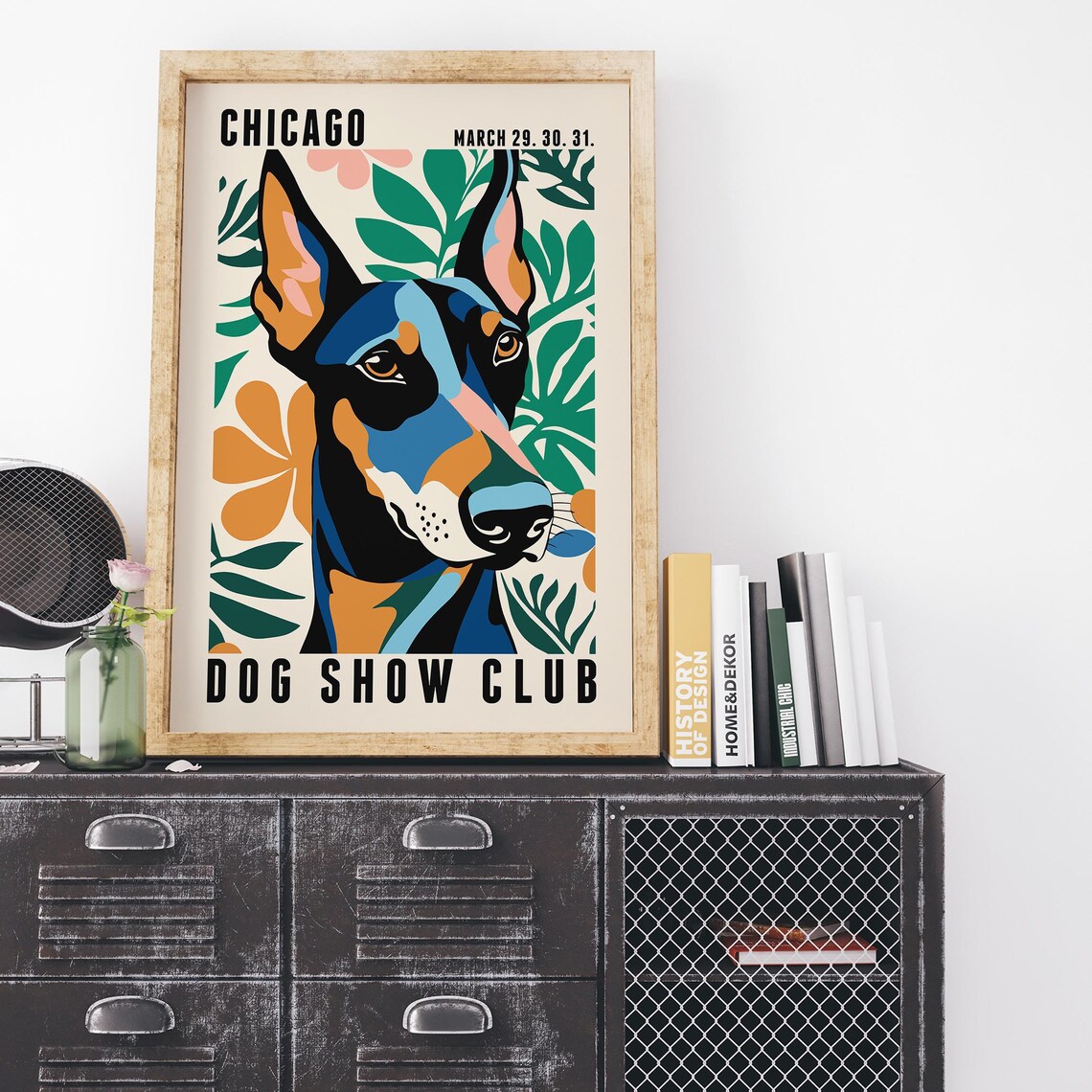 Chicago Dog Show Club Doberman Pop Art Poster With Tropical Leaves - Image 3