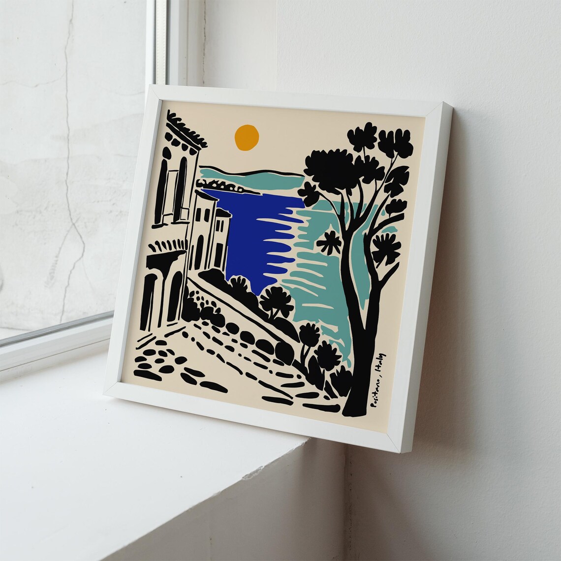 Positano Italy Coastal Street Blue Sea Linocut Travel Art Poster - Image 2