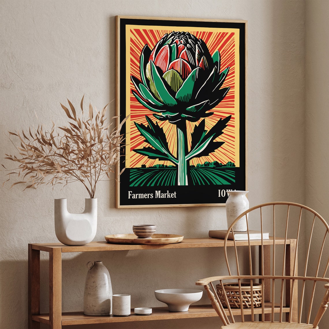 Iowa Farmers Market Artichoke Sunburst Linocut Kitchen Poster - Image 4