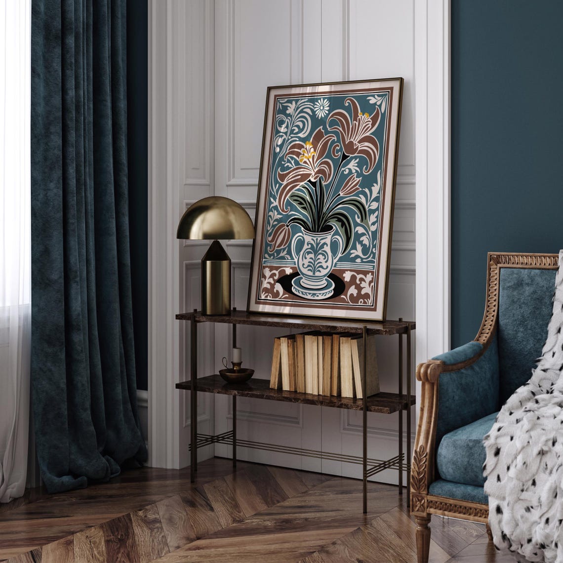 Art Nouveau Lilies In A Decorative Vase Floral Poster In Teal - Image 6