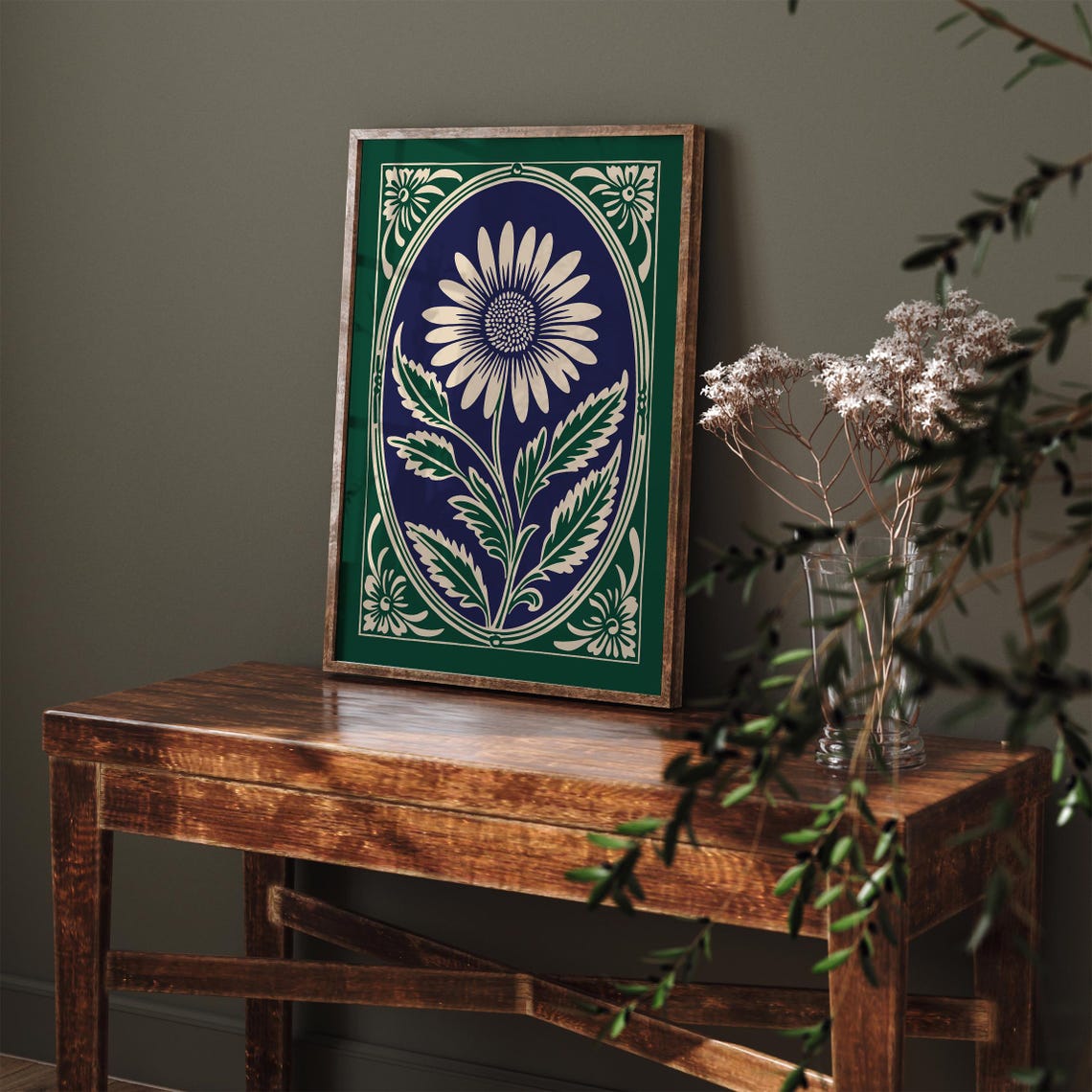 Green Rococo Daisy White Bloom Navy Elegant Botanical Poster - Image 4