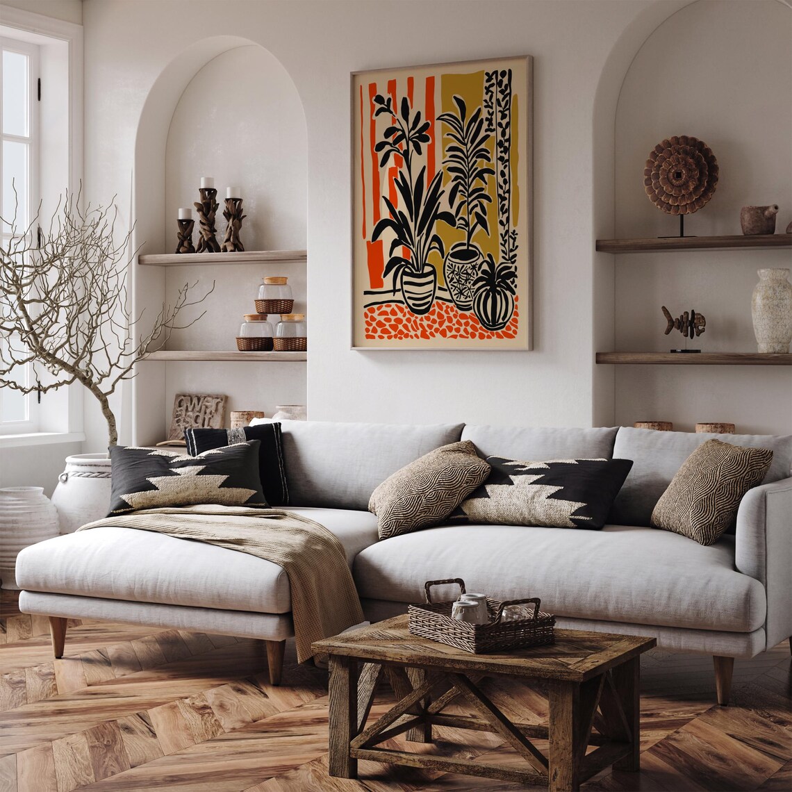 Potted Plants Orange Background Mid Century Botanical Art Poster - Image 5