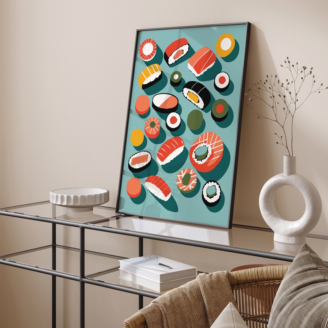 Colorful Sushi on Teal Modern Japanese Food Illustration Poster - Image 3
