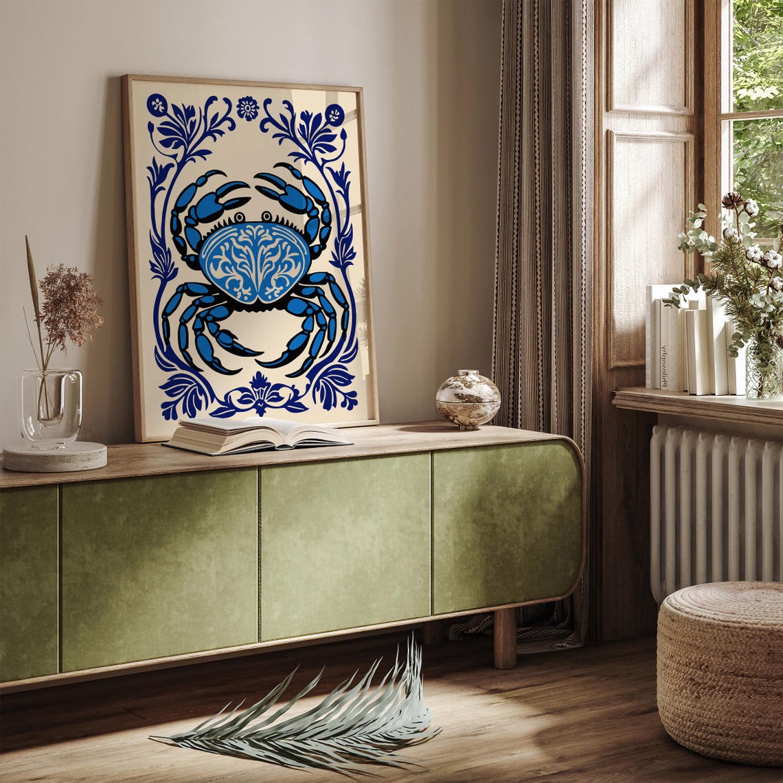 Blue Crab Nautical Folk Blue White Coastal Kitchen Art Poster - Image 2