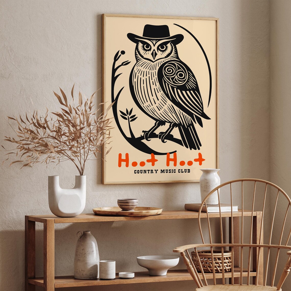 Hoot Hoot Country Music Club Cowboy Owl Rustic Woodcut Poster - Image 4