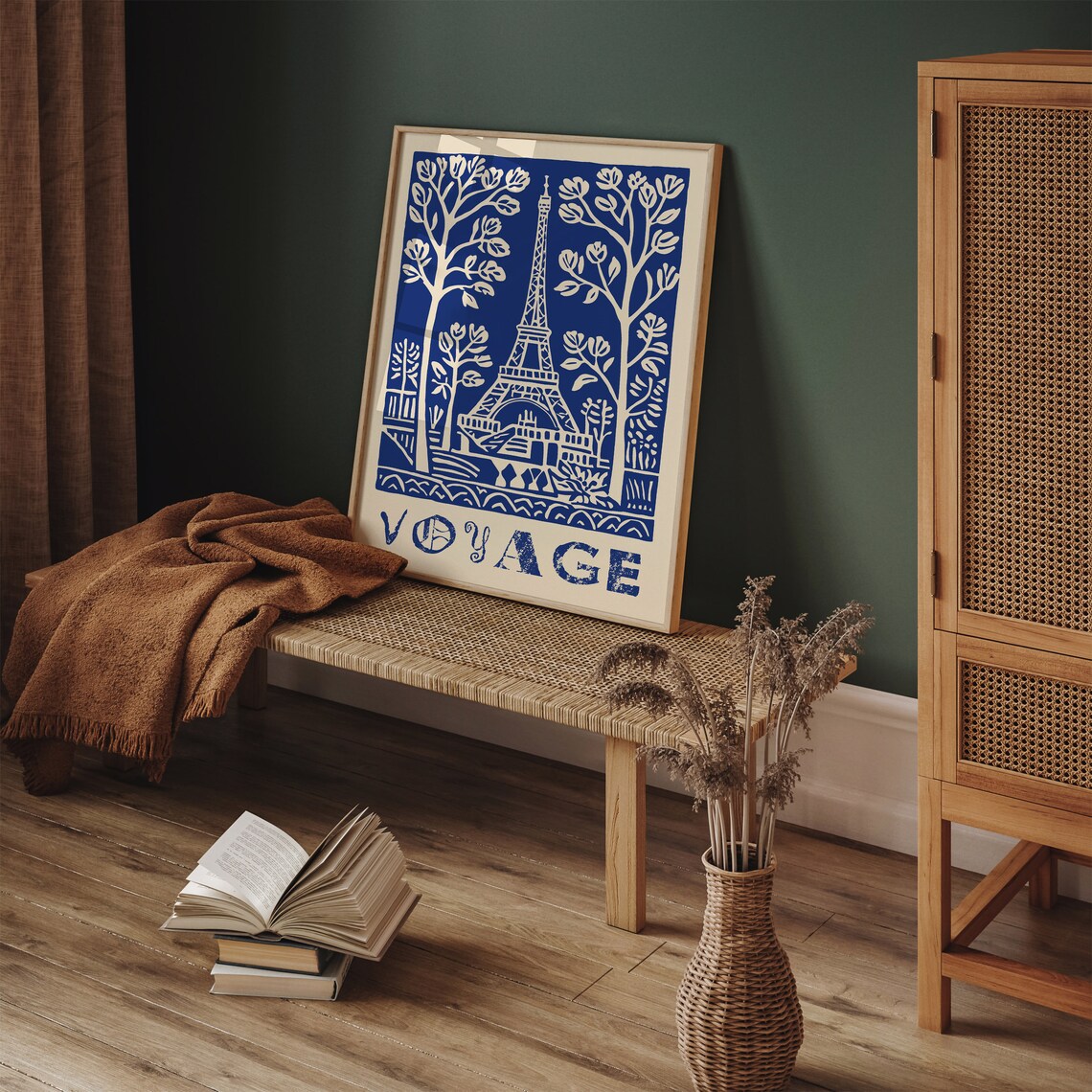 Vintage French Voyage Paris Eiffel Tower Blue Linocut Poster - Image 6