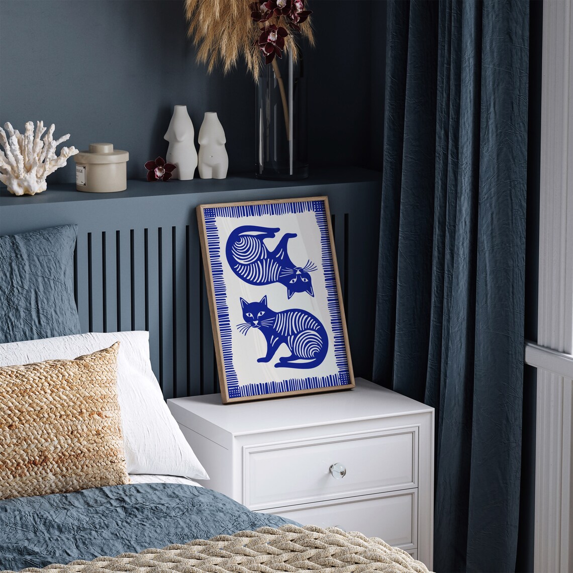 Blue Striped Linocut Cats Playful Modern Feline Wall Decor Poster - Image 3