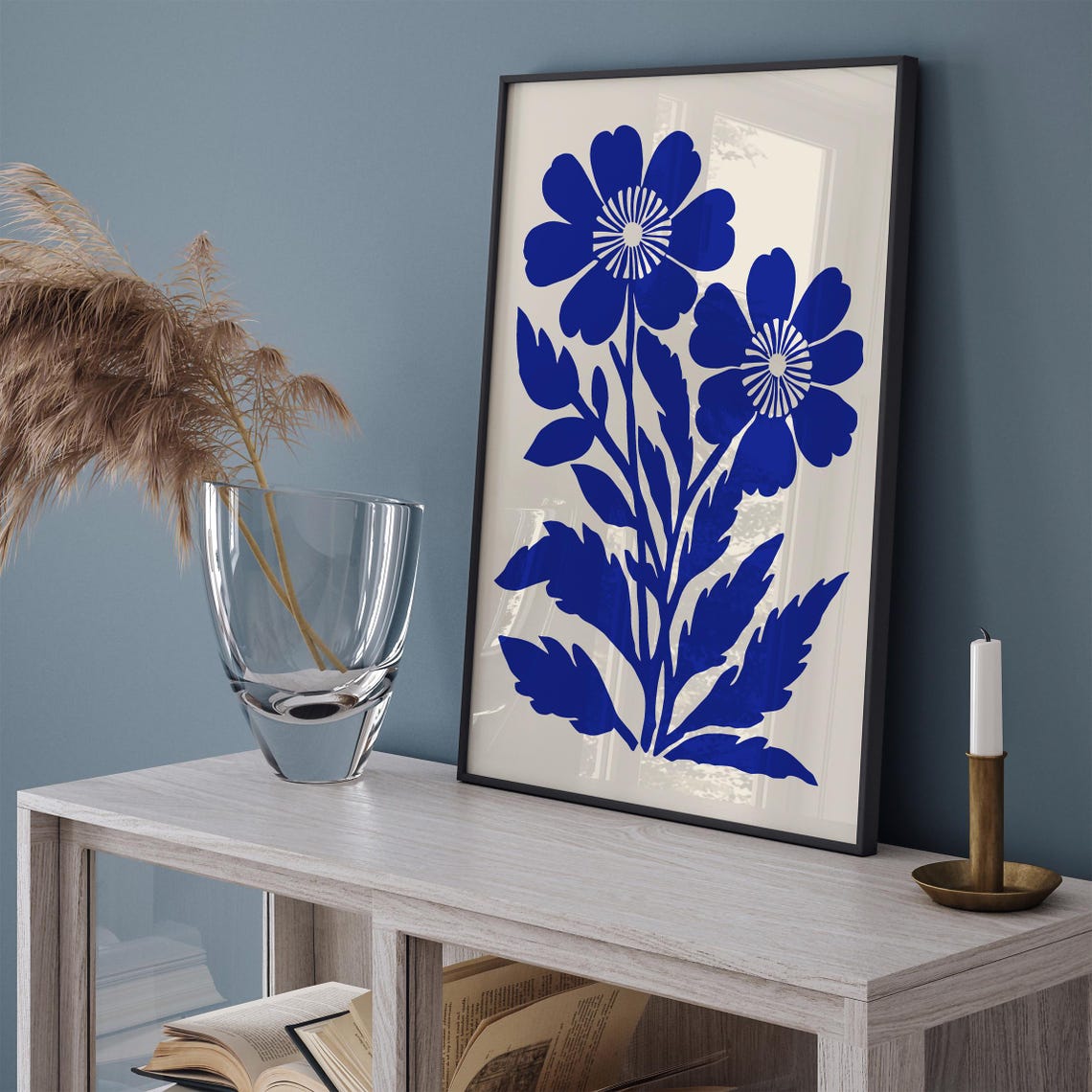 Modern Minimalist Blue Floral Cutout Silhouette Botanical Print - Image 2