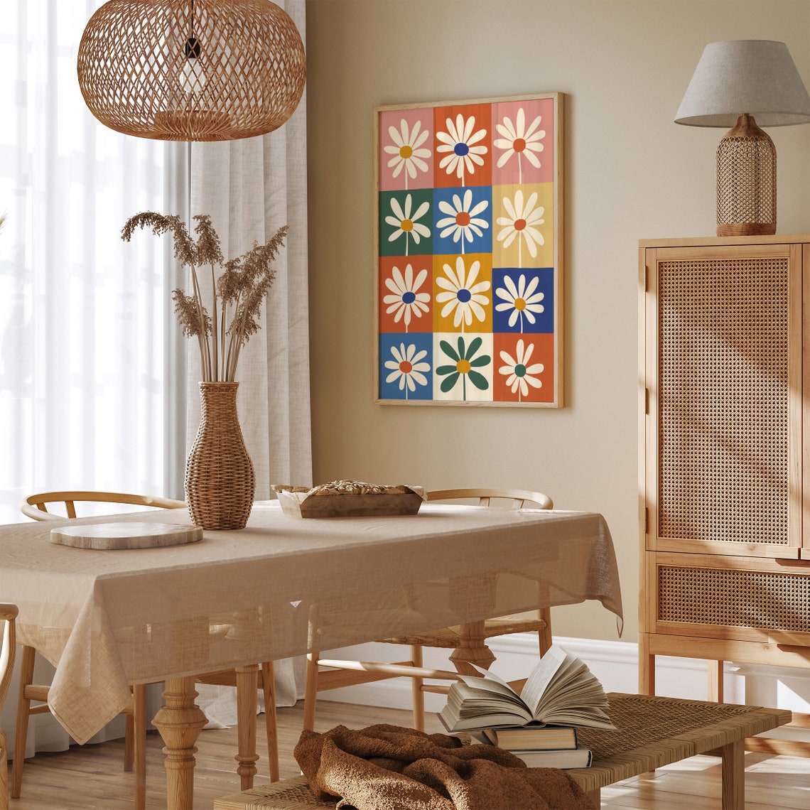 Colorful Daisy Grid Mid Century Modern Retro Floral Pop Art Poster - Image 3