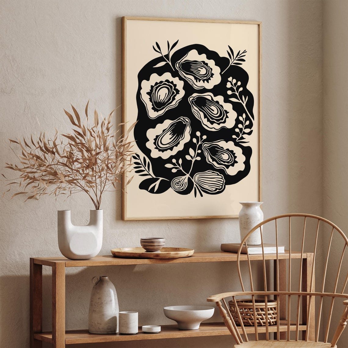 Monochrome Oyster Shells Black and White Nautical Woodcut Style Poster - Image 3