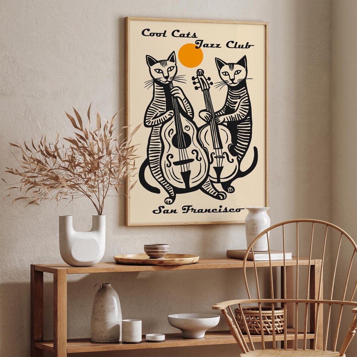 Cool Cats Jazz Club San Francisco Double Bass Cats Line Art Poster - Image 5