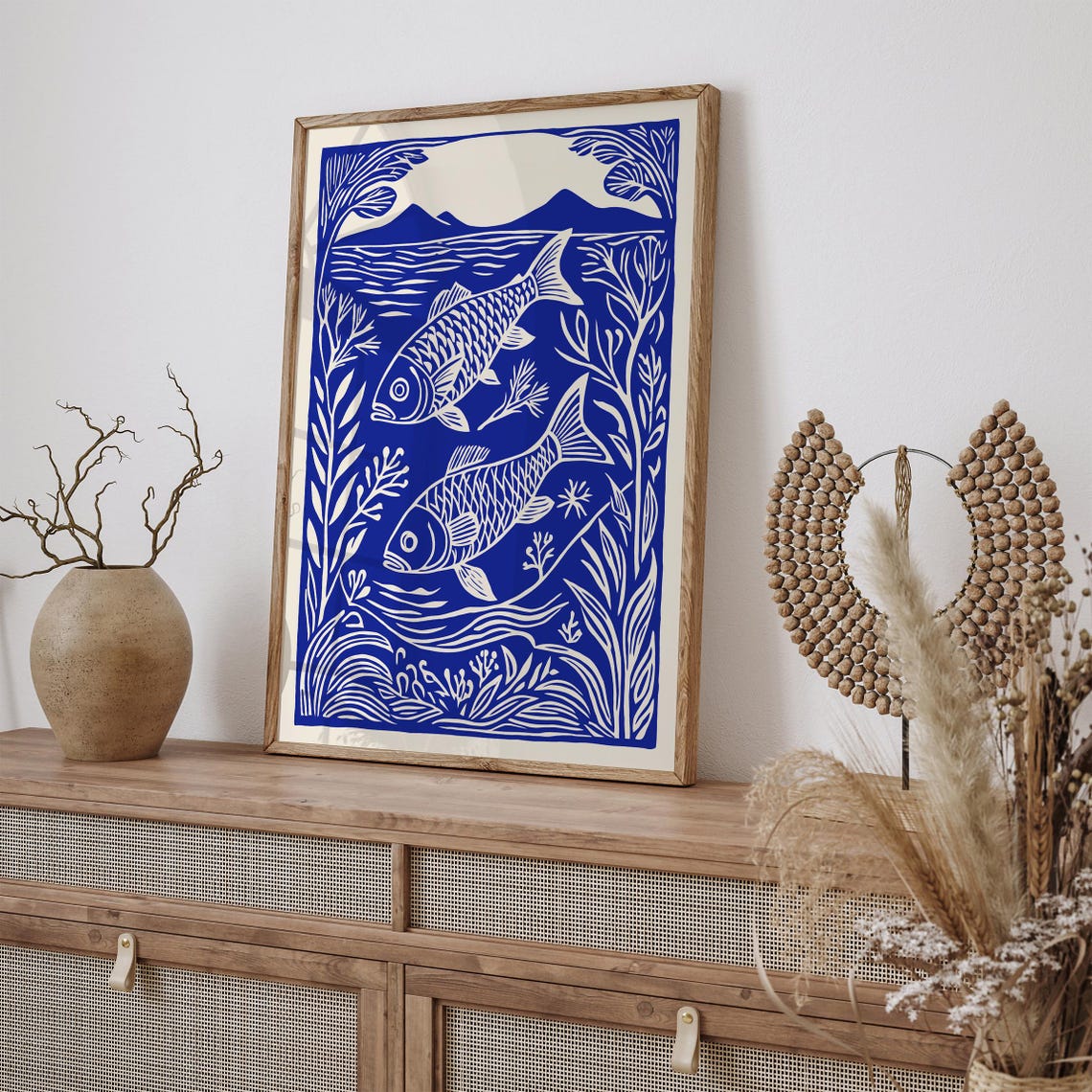 Blue Koi Carp Pair Linocut Japanese Fish Nature Artwork Poster - Image 4