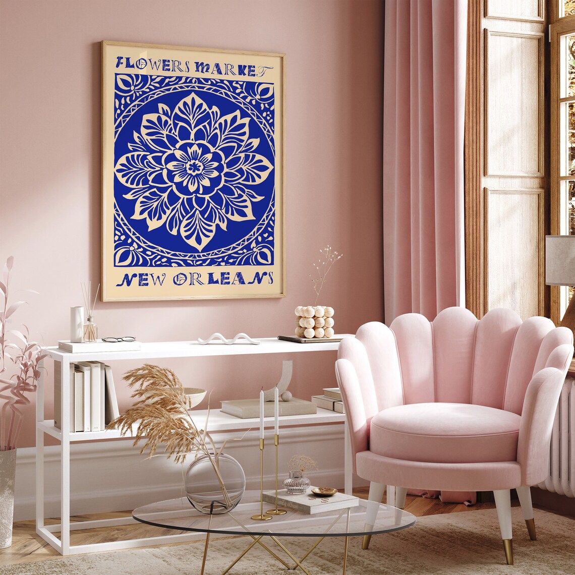 New Orleans Flower Market Indigo Blue Botanical Linocut Poster - Image 3