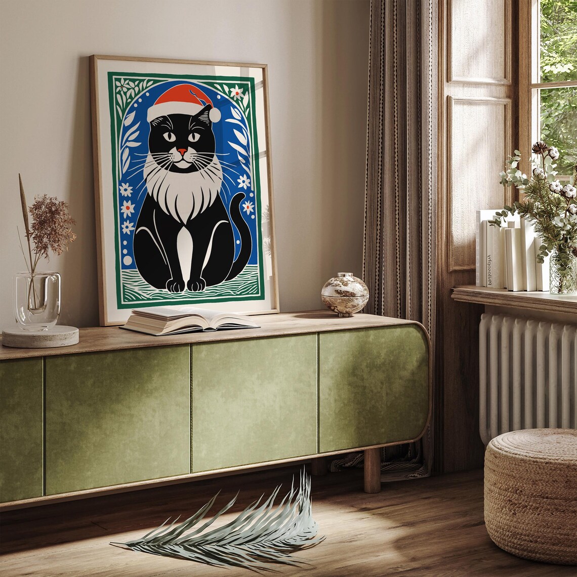 Black Tuxedo Cat in Santa Hat Holiday Portrait Winter Season Poster - Image 2