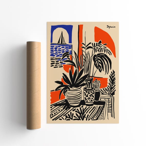 Vibrant Spanish Coastal Art Print Modern Abstract Plants Sailboat Poster Mediterranean Home Decor Bold Wall Art Spain Travel Souvenir