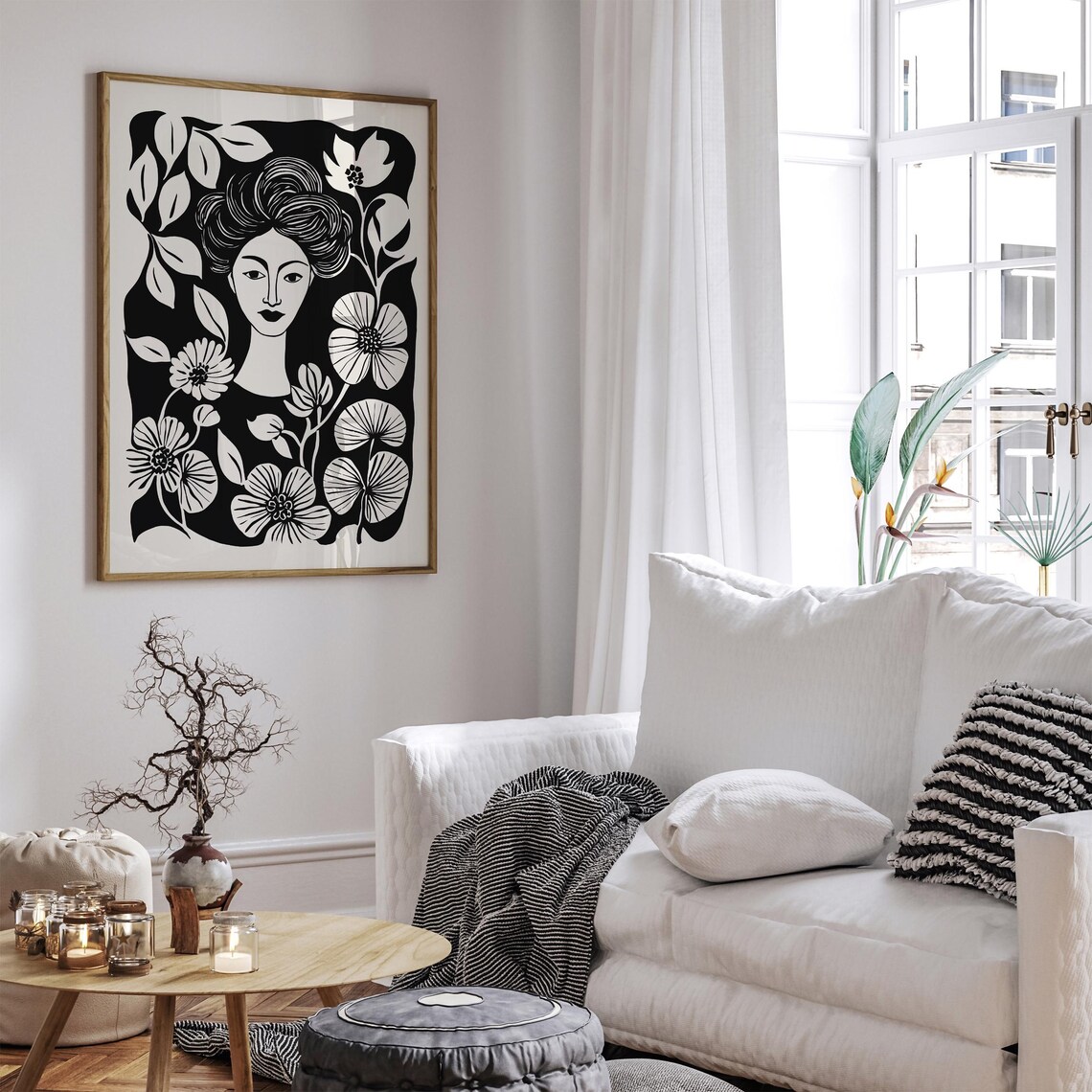 Plant Lady Portrait Black Ink Floral Line Art Botanical Poster - Image 5