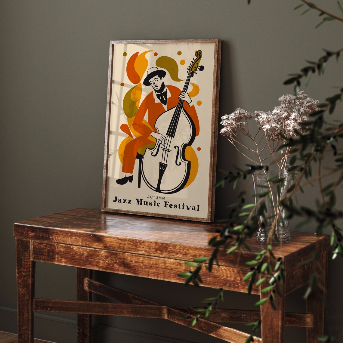 Autumn Jazz Music Festival Double Bass Player Retro Art Poster - Image 4