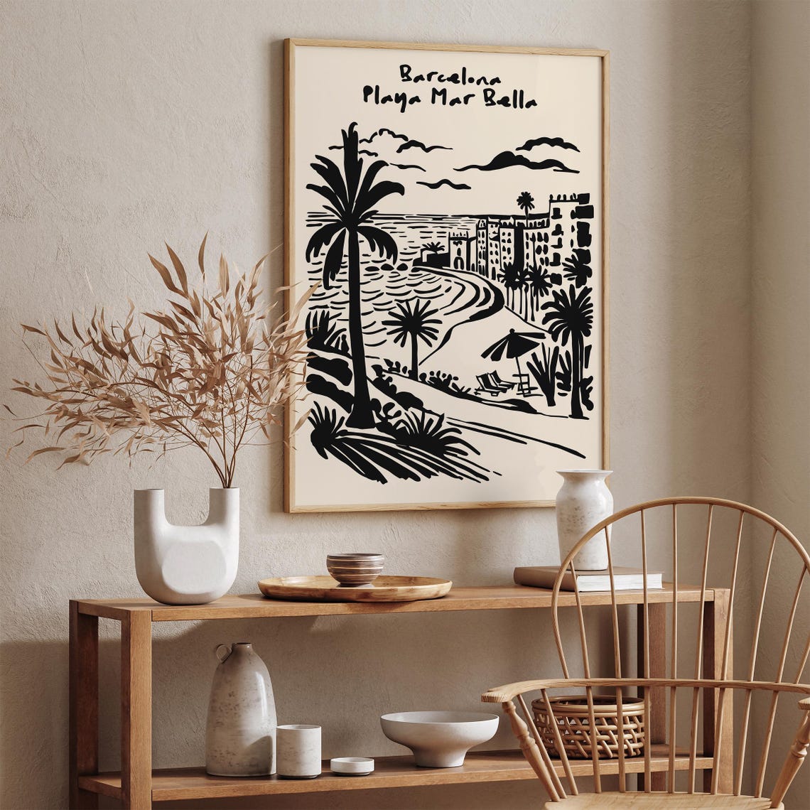 Barcelona Playa Mar Bella Palm Beach Coastal Travel Scene Poster - Image 2