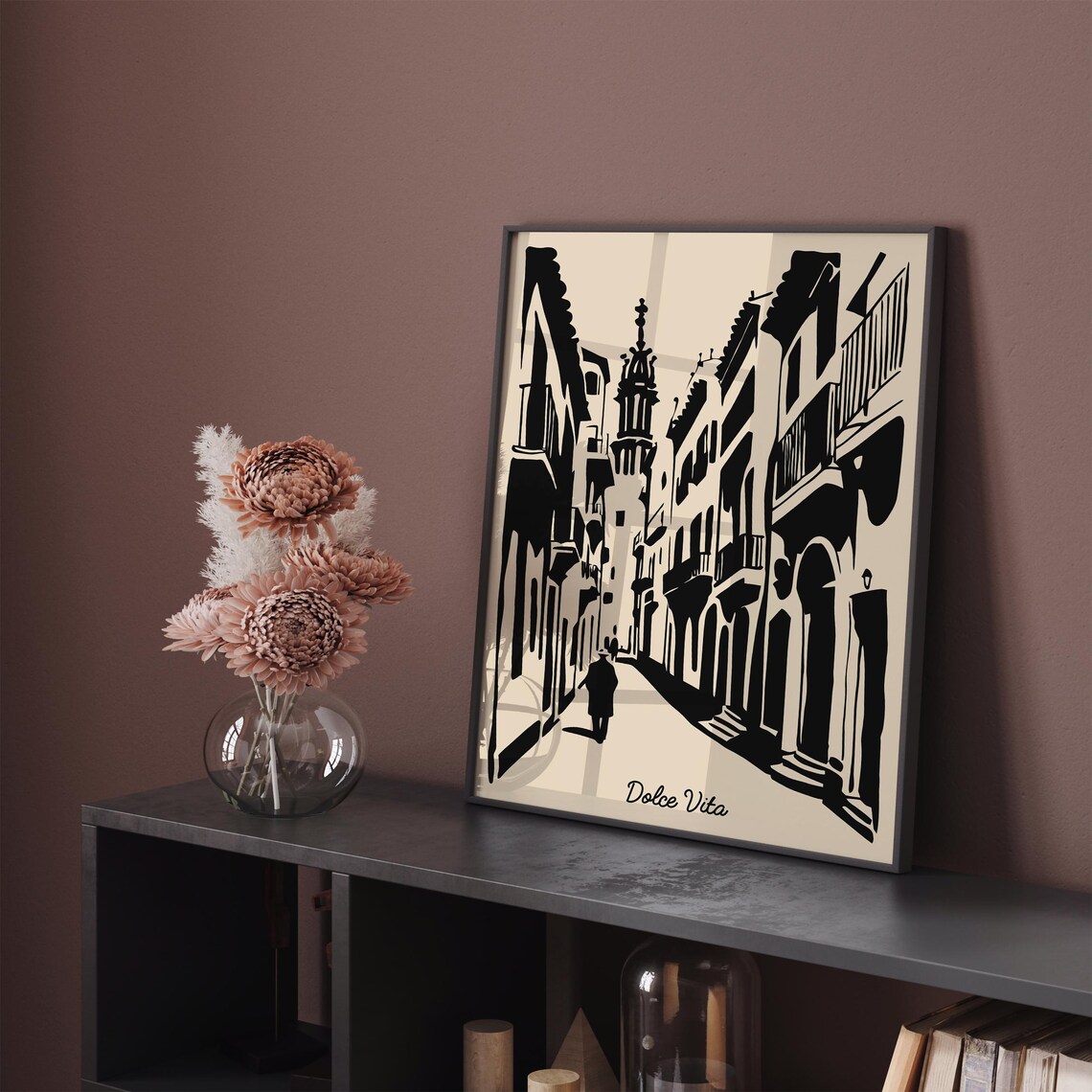 Dolce Vita Italian Street Scene Monochrome Ink Travel Art Poster - Image 2