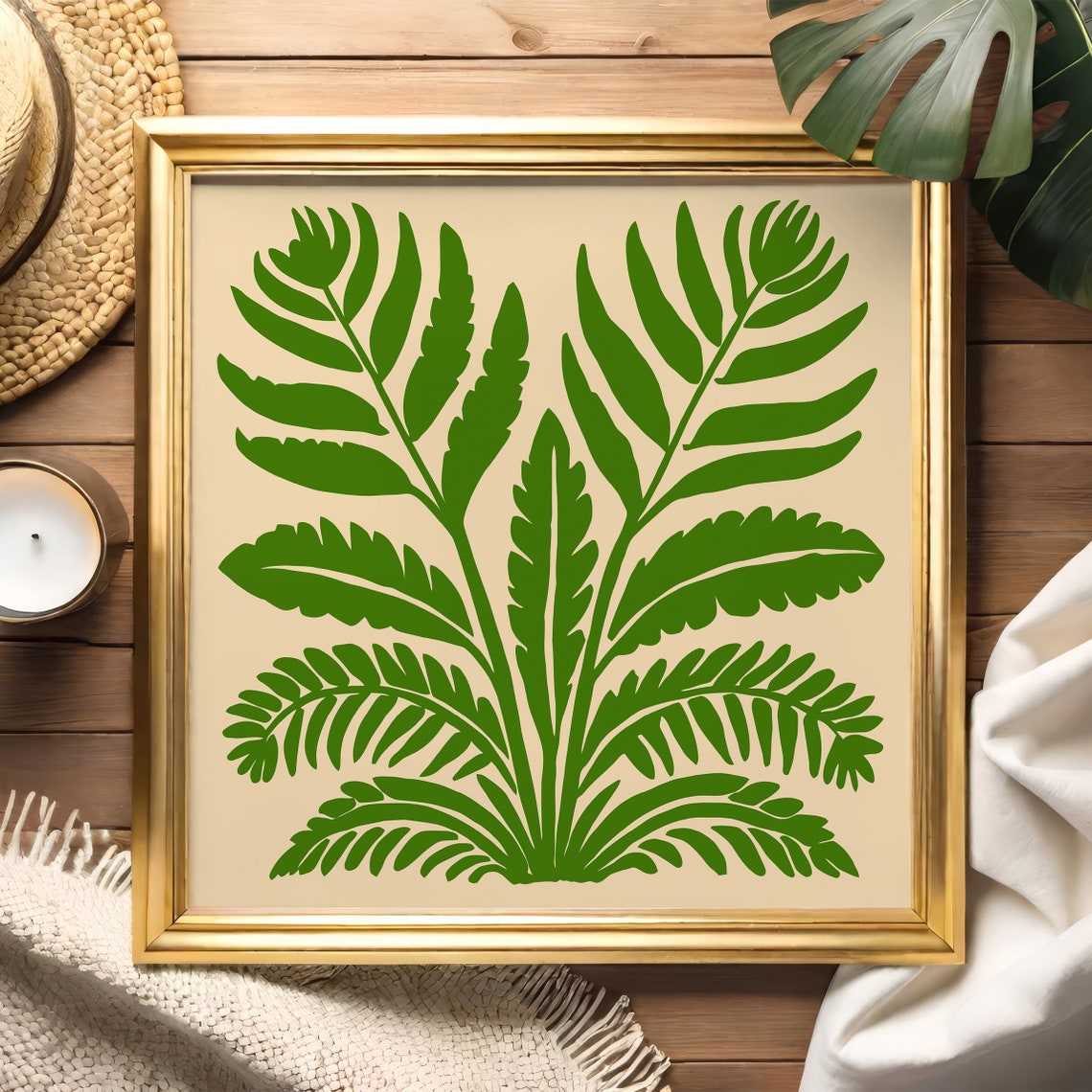 Green Tropical Fern Botanical Square Minimalist Leaf Art Poster