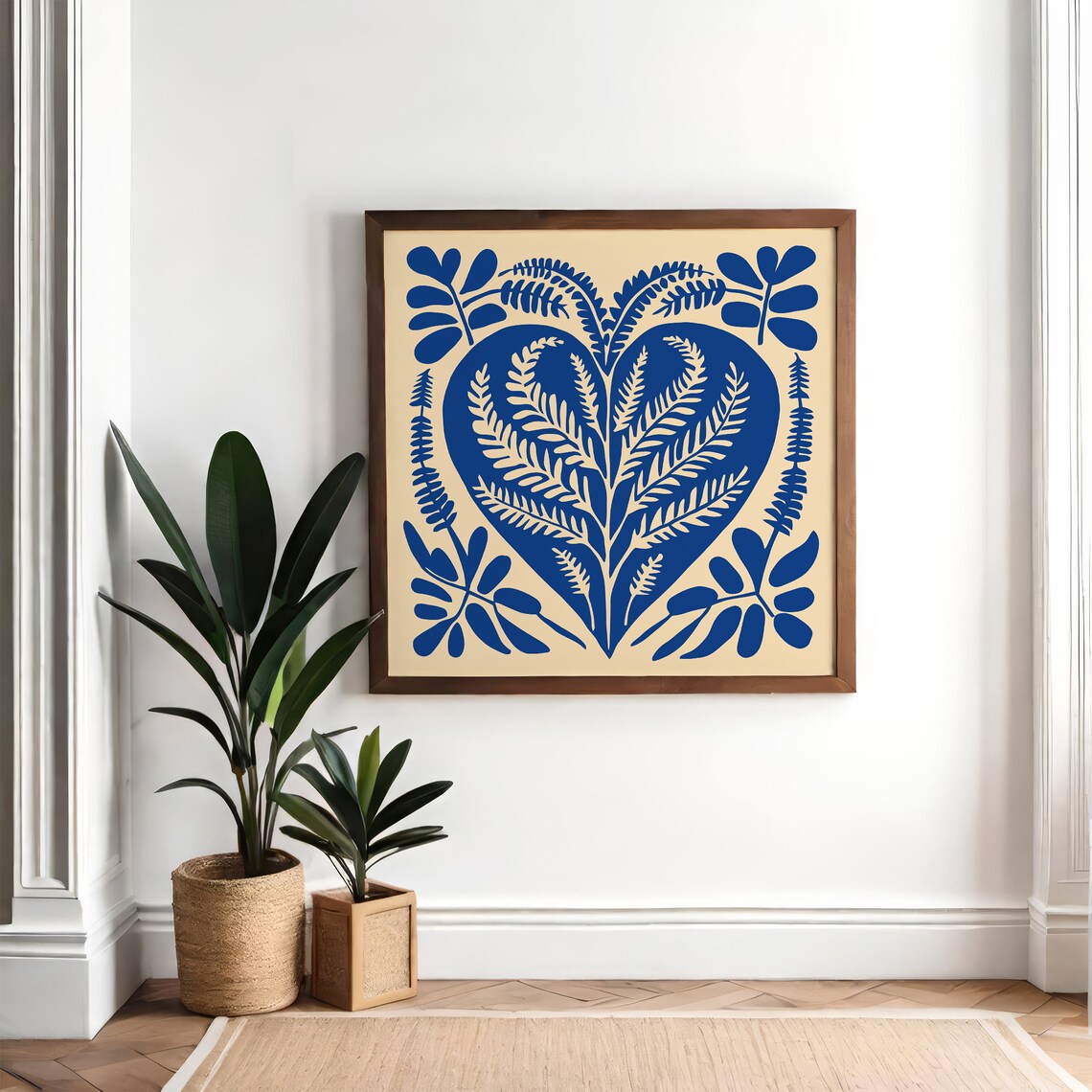 Cobalt Blue Botanical Heart Folk Art Boho Square Floral Wall Art - Image 5