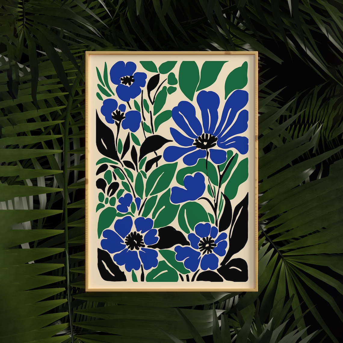 Blue Floral Botanical Poster Green Leaves on Warm Cream Background