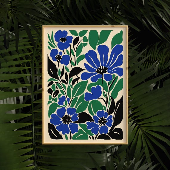 Retro Floral Art Print Blue Green Botanical Poster Modern Wall Art Henri Matisse Inspired Bold Flower Illustration Kitchen Wall Decor