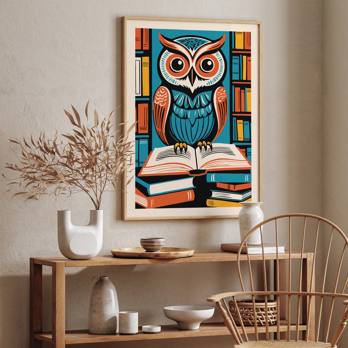 Vintage Owl Standing on Books Beside Library Bookshelf Art Poster - Image 2