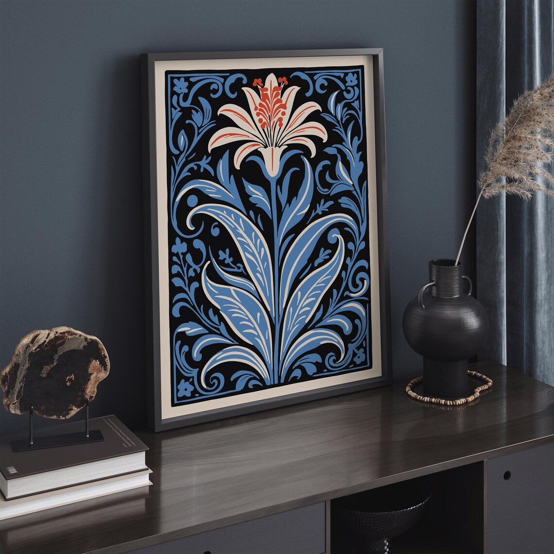 Blue Victorian Lily Black Art Nouveau Dramatic Botanical Art Poster - Image 5