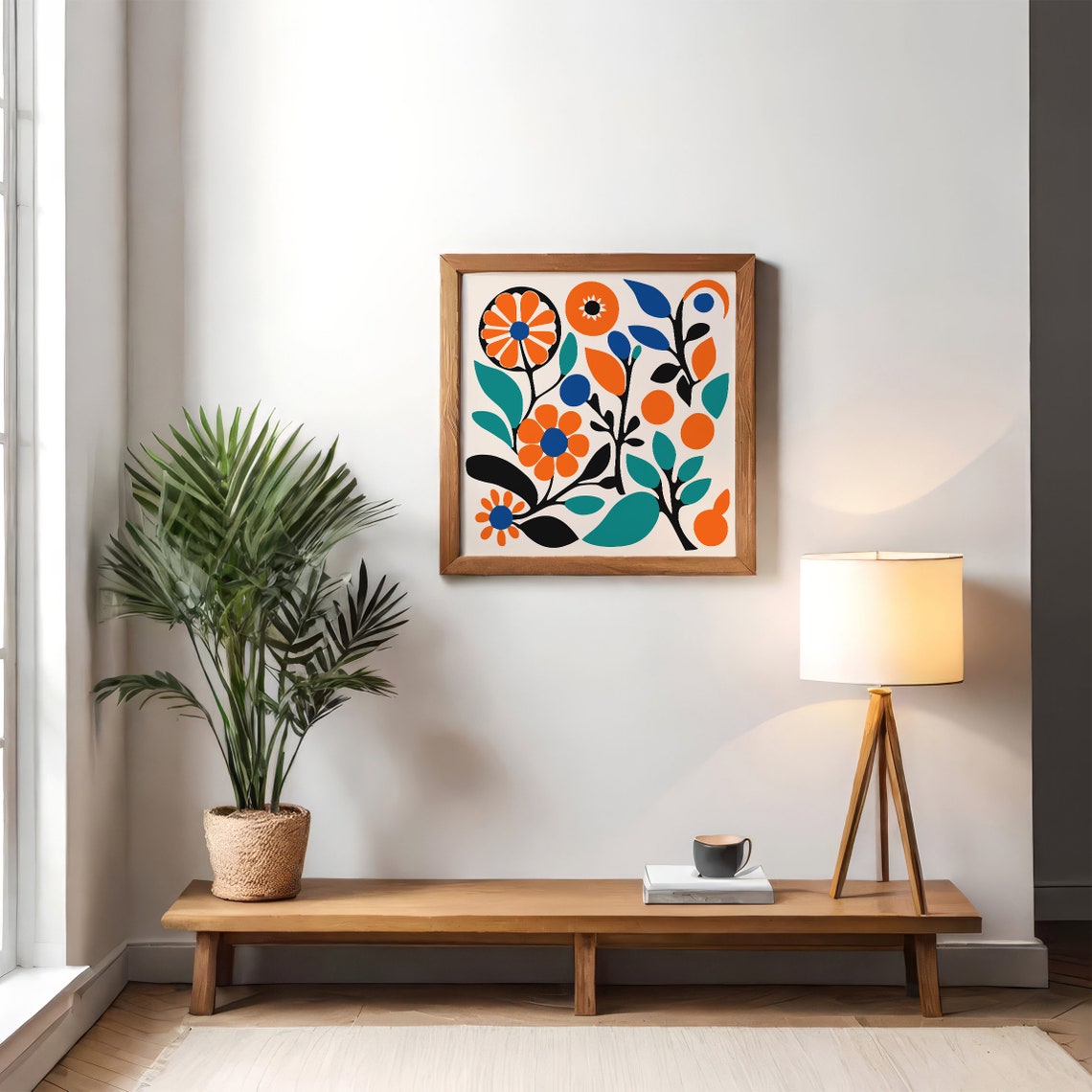 Orange Blue Retro Floral Folk Style Bold Botanical Pattern Print - Image 4
