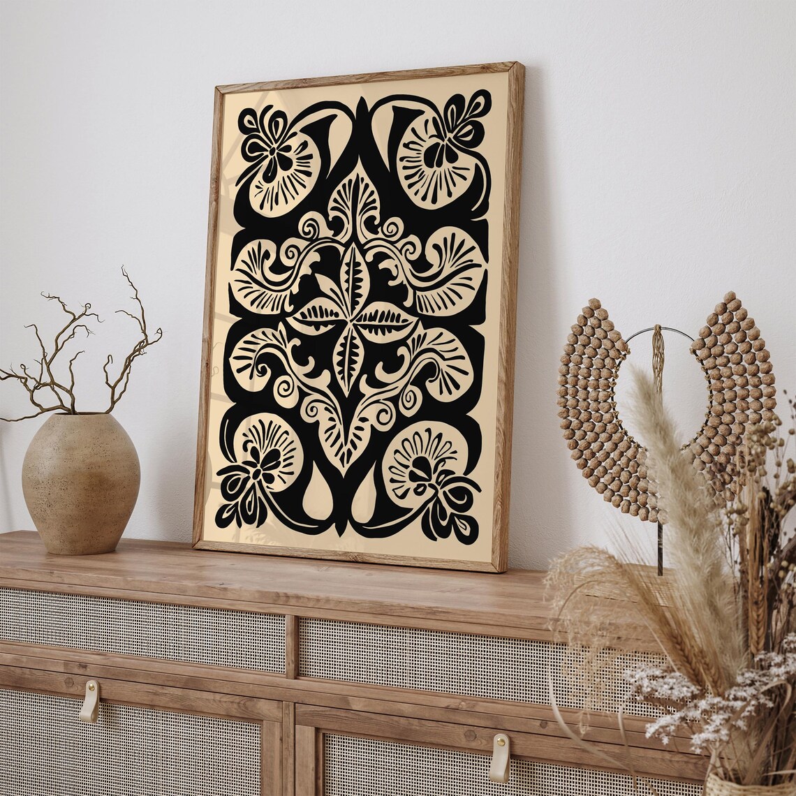 Bold Black and Cream Art Nouveau Floral Ornament Pattern Poster - Image 3